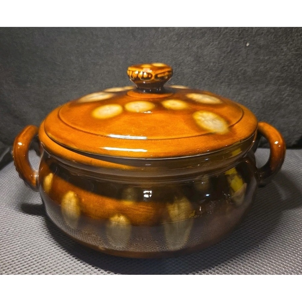 vintage brown drip-glazed ceramic Tureen 8 In Diameter Made In 1977